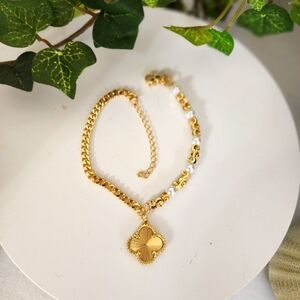 Gold Filled Bracelet with Faux Pearls And Quatrefoil Flower Clover Charm